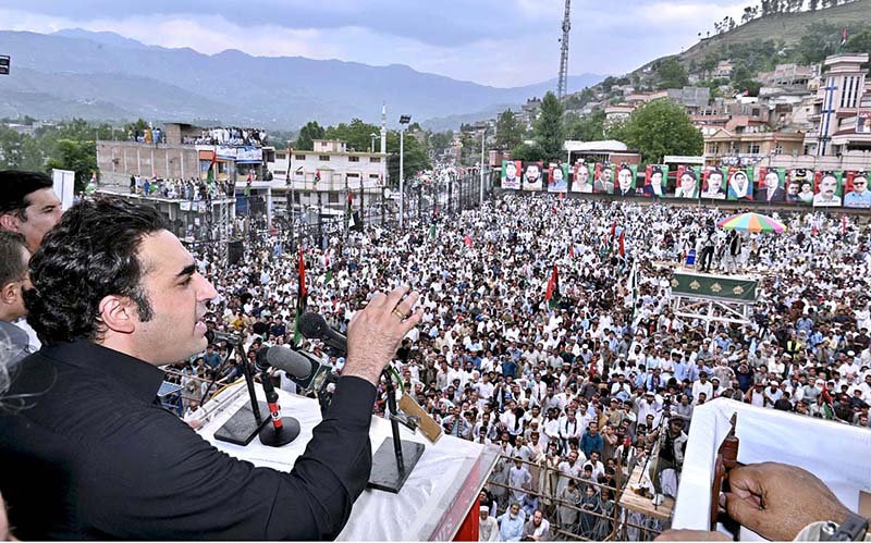 Chairman Pakistan People’s Party and Foreign Minister Bilawal Bhutto Zardari addresses a public gathering at Khwazakhela