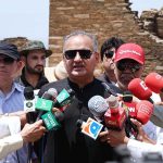 Minister of State and Chairman of the Prime Minister’s Task Force for Gandhara Tourism, Dr. Ramesh Kumar Vankwani talking to media persons during his visit along with foreign delegates, media and students to the historical Buddha sites and Monastery of World heritage at Takht-i-Bahi, Mardan District, Khyber Pakhtunkhwa province