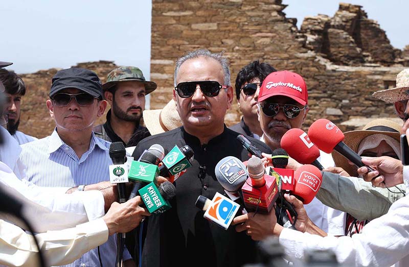 Minister of State and Chairman of the Prime Minister’s Task Force for Gandhara Tourism, Dr. Ramesh Kumar Vankwani talking to media persons during his visit along with foreign delegates, media and students to the historical Buddha sites and Monastery of World heritage at Takht-i-Bahi, Mardan District, Khyber Pakhtunkhwa province