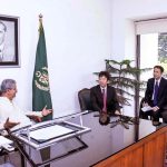 A three-member delegation, led by Mr. Masafumi Harano, the Asia Head of Suzuki Motors, calls on the Federal Minister for Commerce, Syed Naveed Qamar, at his chamber