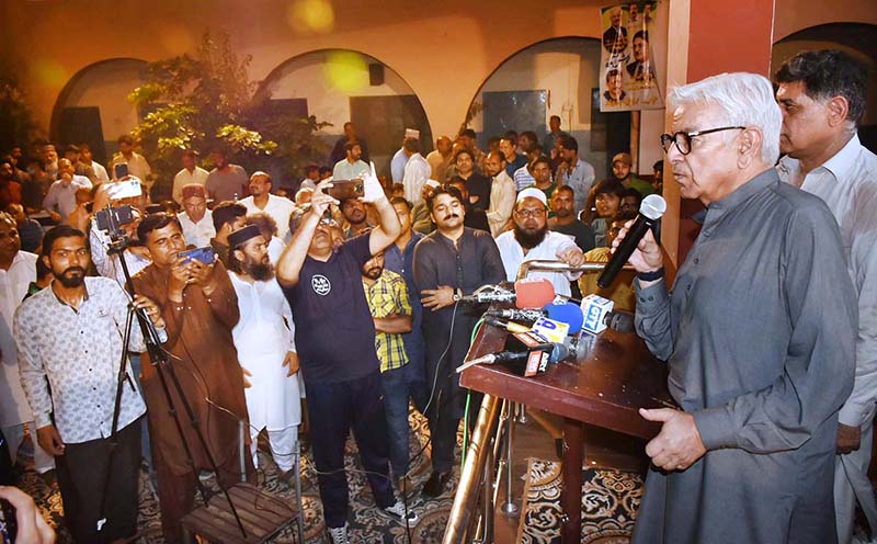 Defense Minister Khawaja Muhammad Asif is addressing the workers convention in Cantt