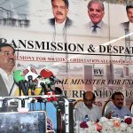 Federal Minister for Power Engineer Khurram Dastgir Khan is addressing a gathering after lying foundation stone for the construction of 500/132-KV grid station of Allama Iqbal Industrial City (AIIC) near Sahianwala
