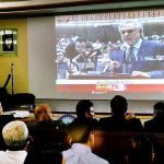 People from business community listening the budget speech of Federal Finance Minister Ishaq Dar at Karachi Chamber of Commerce (KCCI)