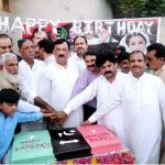 Minister of State / SAPM for industries Tasneem Ahmed Qureshi performing the cake cutting ceremony to celebrate birthday of Shaheed Mohterma Benazir Bhutto at Chak No. 91/NB, Sillanwali Road