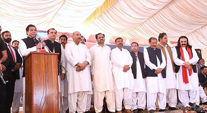 Speaker National Assembly Raja Pervaiz Ashraf addressing a public gathring during the ceremony organized in connection with the Golden Jubilee Celebration of the 1973 Constitution.