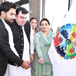 Deputy Speaker National Assembly Zahid Akram Durrani and Convener SDGs Task Force Ms. Romina Khursheed with SDGs Good Will Ambassador Famous Cricketer Haris Rauf inaugurating the pictorial exhibition of SDGs at Parliament House