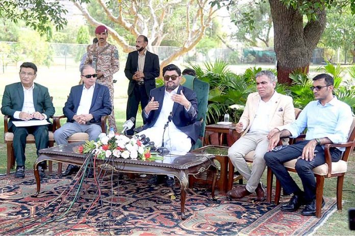 Governor Sindh Kamran Khan Tessori briefs media about the biggest ever ration drive of 20000 ration bags under Taqatwar Pakistan programme at Governor House