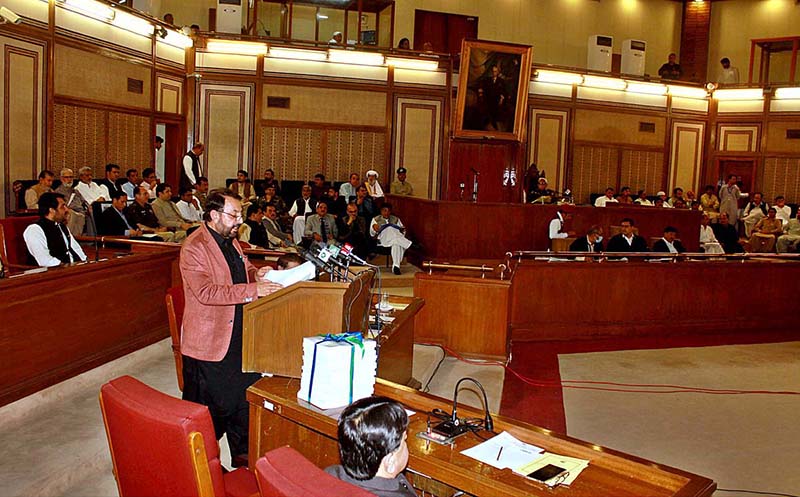 Balochistan Minister for Finance Engineer Zmarak Khan Achakzai presenting annual budget of 2023-24 in session of Assembly while Balochistan CM Mir Abdul Quddus Bizenjo present on the occasion