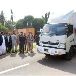 Governor Sindh Kamran Khan Tessori seen during Trucks carrying 20000 ration bags arrive at Governor House biggest ever ration drive under Taqatwar Pakistan programme