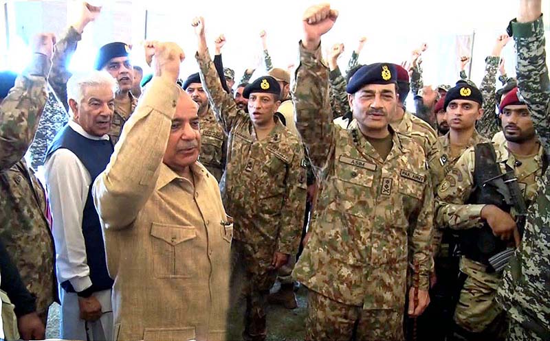 Prime Minister Muhammad Shehbaz Sharif interacts with soldiers on the occasion of Eid ul Adha in Parachinar, Khyber Pakhtunkhwa