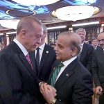 Prime Minister Muhammad Shehbaz Sharif greets Turkish President Recep Tayyip Erdogan at his inauguration ceremony