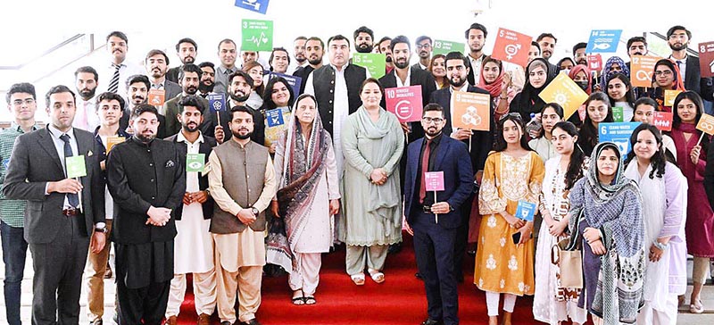 Deputy Speaker National Assembly Zahid Akram Durrani and Convener SDGs Task Force Ms. Romina Khursheed with SDGs Good Will Ambassador Famous Cricketer Haris Rauf inaugurating the pictorial exhibition of SDGs at Parliament House