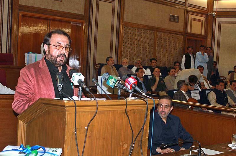 Balochistan Minister for Finance Engineer Zmarak Khan Achakzai presenting annual budget of 2023-24 in session of Assembly while Balochistan CM Mir Abdul Quddus Bizenjo present on the occasion