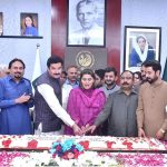 Federal Minister and Chairperson Benazir Income Support Programme Ms. Shazia Marri and Minister of State Faisal Karim Kundi cutting cake on 70th birth anniversary of Shaheed Mohtarma Benazir Bhutto at BISP Headquarters. Parliamentary Secretary Naveed Aamer Jeeva also present on the occasion