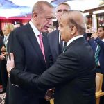 Prime Minister Muhammad Shehbaz Sharif greets Turkish President Recep Tayyip Erdogan at his inauguration ceremony
