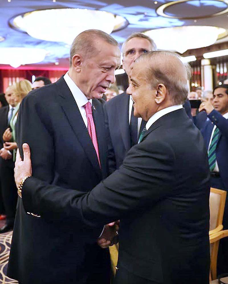 Prime Minister Muhammad Shehbaz Sharif greets Turkish President Recep Tayyip Erdogan at his inauguration ceremony