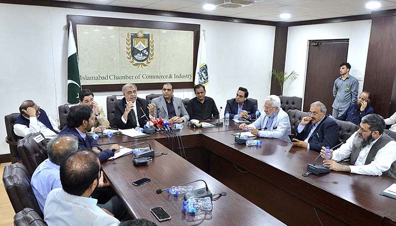 Minister of State and Chairman Reforms and Reduces Mobilization Committee Ashfaq Yousuf Tola addressing to the post budget session at Islamabad Chamber of Commerce & Industry