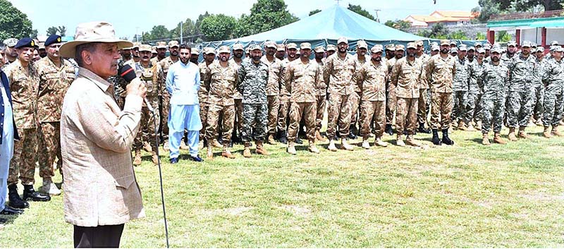 Prime Minister Muhammad Shehbaz Sharif interacts with soldiers on the occasion of Eid ul Adha in Parachinar, Khyber Pakhtunkhwa