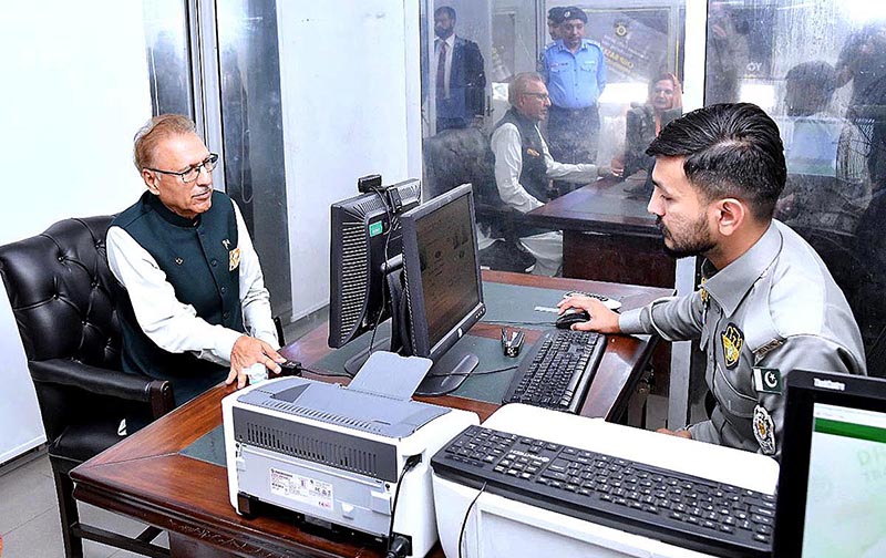 President Dr. Arif Alvi getting his biometric verification for driving license at Islamabad Traffic Police F-8 Office