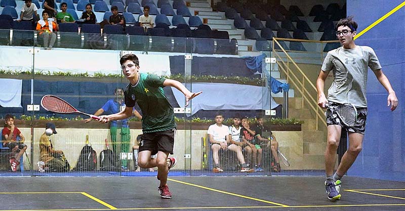 Players in action during 1st Quaid-e-Azam National Championship, 2023 organized by Pakistan Squash Federation at Mushaf Squash Complex