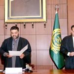 Minister Finance Gilgit-Baltistan Javad Manwa administering oath to newly elected Speaker Gilgit-Baltistan Assembly Nazir Ahmad Advocate during the 4th sitting of 19th session of GB Assembly at Assembly Secretariat