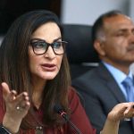 Federal Minister for Climate Change Sherry Rehman briefs to media persons about Cyclone “Biparjoy” during a press conference at NDMA