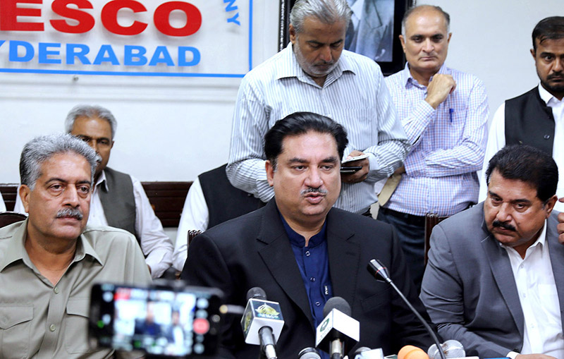 Federal Minister for Energy, Engr. Khurram Dastgir Khan addressing to media persons at HESCO office