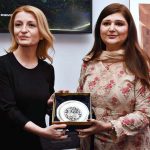 Ambassador of Republic of Bulgaria to Pakistan Ms. Irena Gancheva presenting souvenir to Secretary for National Heritage and Culture of Federal Government of Pakistan Farina Mazhar during inauguration ceremony of photo exhibition titled “Bulgarian Sites on the UNESCO World Heritage List” at Embassy of Bulgaria
