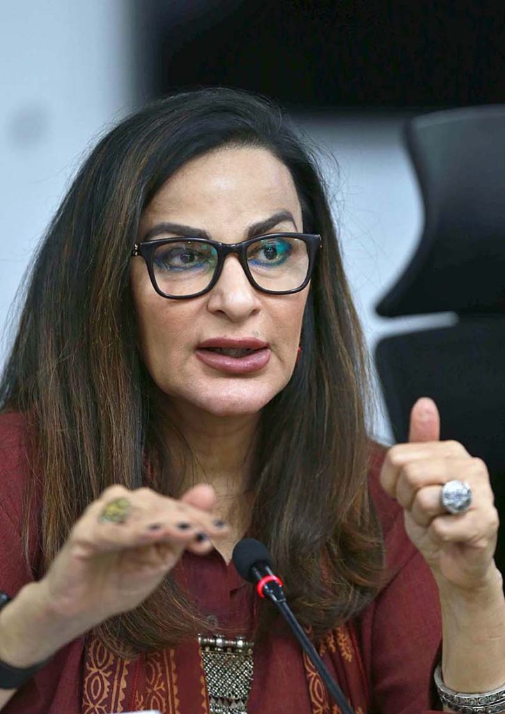 Federal Minister for Climate Change Sherry Rehman briefs to media persons about Cyclone “Biparjoy” during a press conference at NDMA