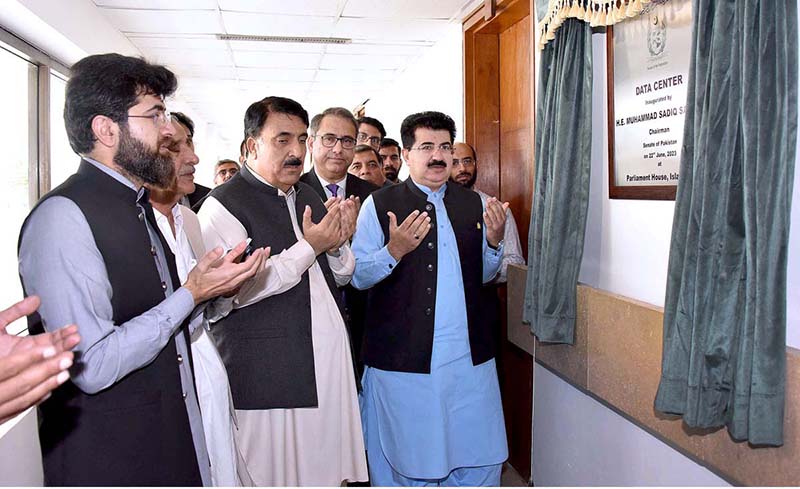 Chairman Senate, Muhammad Sadiq Sanjrani offering dua after inaugurating the newly established broadcasting room in the Senate at Parliament House