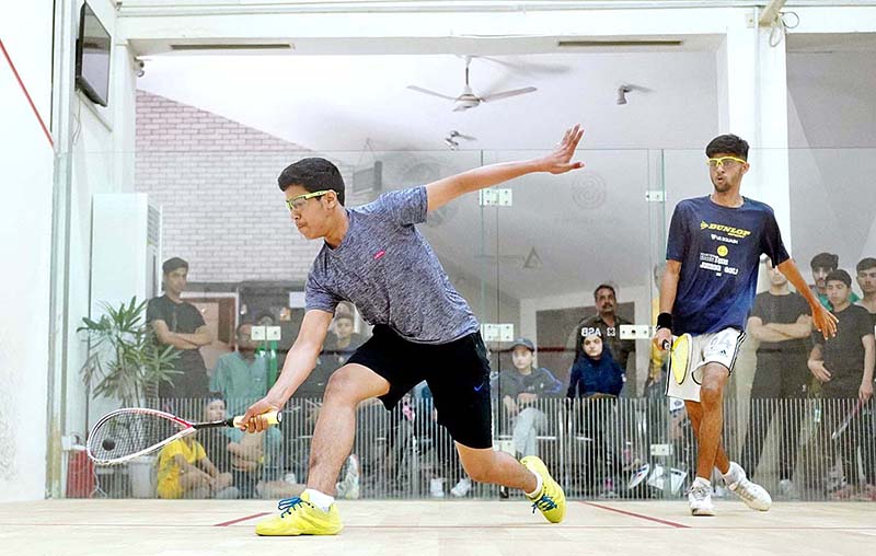 Players in action during 1st Quaid-e-Azam National Championship, 2023 organized by Pakistan Squash Federation at Mushaf Squash Complex