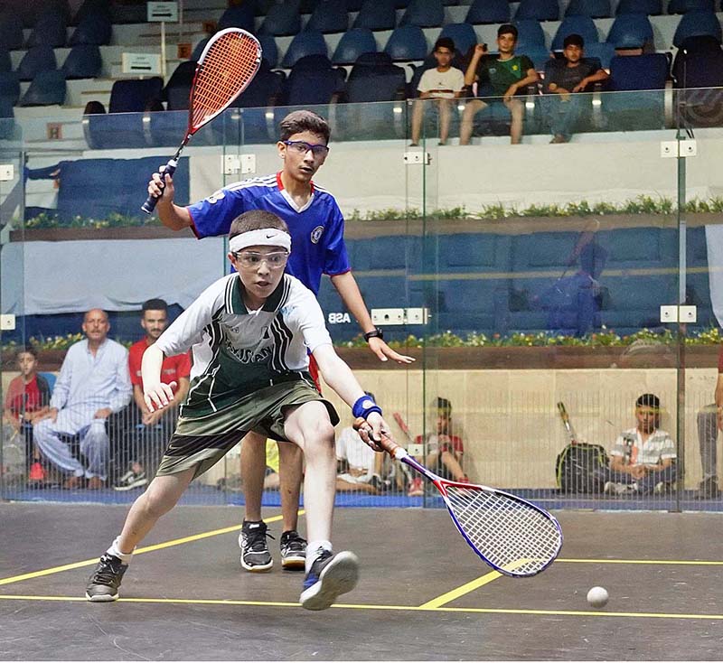 Players in action during 1st Quaid-e-Azam National Championship, 2023 organized by Pakistan Squash Federation at Mushaf Squash Complex