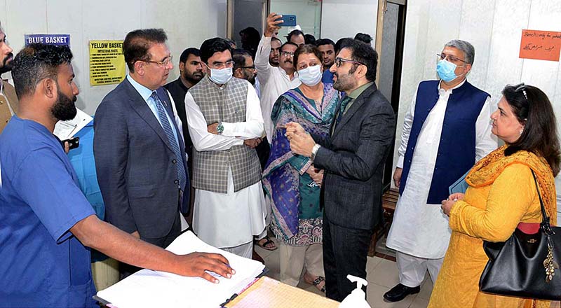 Senator Muhammad Hamayun Mohmand, Chairman Senate Standing Committee on National Health Services, Regulations and Coordination and members of the committee are being briefed during their visit at Federal General Hospital, NIH, Chak Shahzad.