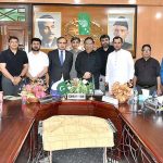 Shoaib Sarwar Ambassador posted at the Embassy of Pakistan in Denmark in a group photograph with Muhammad Ejaz Ch, chairman PGMEA and Gloves exporters at PGMEA