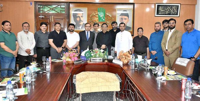 Shoaib Sarwar Ambassador posted at the Embassy of Pakistan in Denmark in a group photograph with Muhammad Ejaz Ch, chairman PGMEA and Gloves exporters at PGMEA