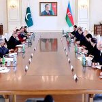 Prime Minister Muhammad Shehbaz Sharif and Azerbaijan President Ilham Aliyev leading their respective sides at a delegation level meeting