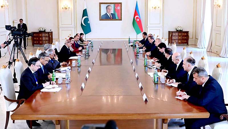 Prime Minister Muhammad Shehbaz Sharif and Azerbaijan President Ilham Aliyev leading their respective sides at a delegation level meeting
