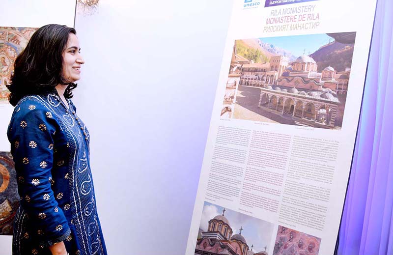 Ambassador of Republic of Bulgaria to Pakistan Ms. Irena Gancheva presenting souvenir to Secretary for National Heritage and Culture of Federal Government of Pakistan Farina Mazhar during inauguration ceremony of photo exhibition titled “Bulgarian Sites on the UNESCO World Heritage List” at Embassy of Bulgaria