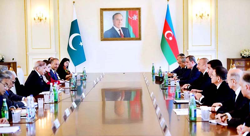 Prime Minister Muhammad Shehbaz Sharif and Azerbaijan President Ilham Aliyev leading their respective sides at a delegation level meeting