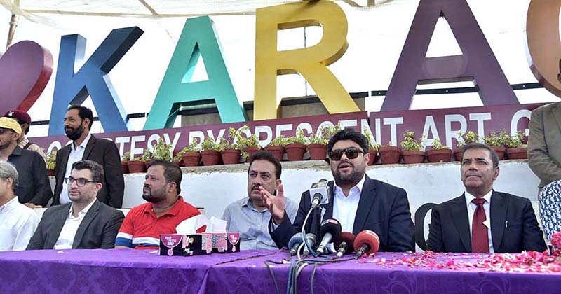 Governor Sindh Kamran Tessori talking to media persons after inauguration ceremony of “Welcome to Karachi Board”
