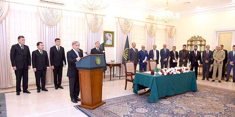 Prime Minister Muhammad Shehbaz Sharif addresses the signing ceremony of TAPI Joint Implementation Plan between Turkmenistan and Pakistan