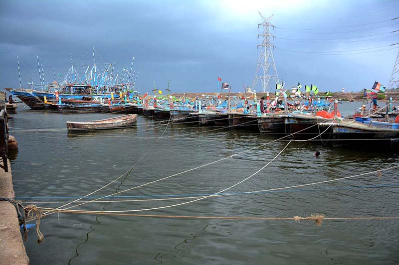 A large number of boats seen anchored at Ibrahim Haider as authorities issued alert regarding the effects of Cyclone Biparjoy