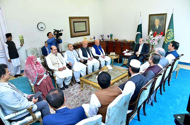 A delegation of former members of parliament and politicians from the merged districts of Khyber Pakhtunkhwa calls on Prime Minister Muhammad Shehbaz Sharif