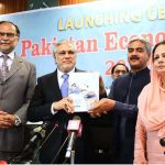 Dr. Imtiaz Ahmad, Economic Adviser, Finance Division presented copy of Pakistan Economic Survey 2022-23 to Finance Minister Senator Mohammad Ishaq Dar at the launching ceremony of Pakistan Economic Survey