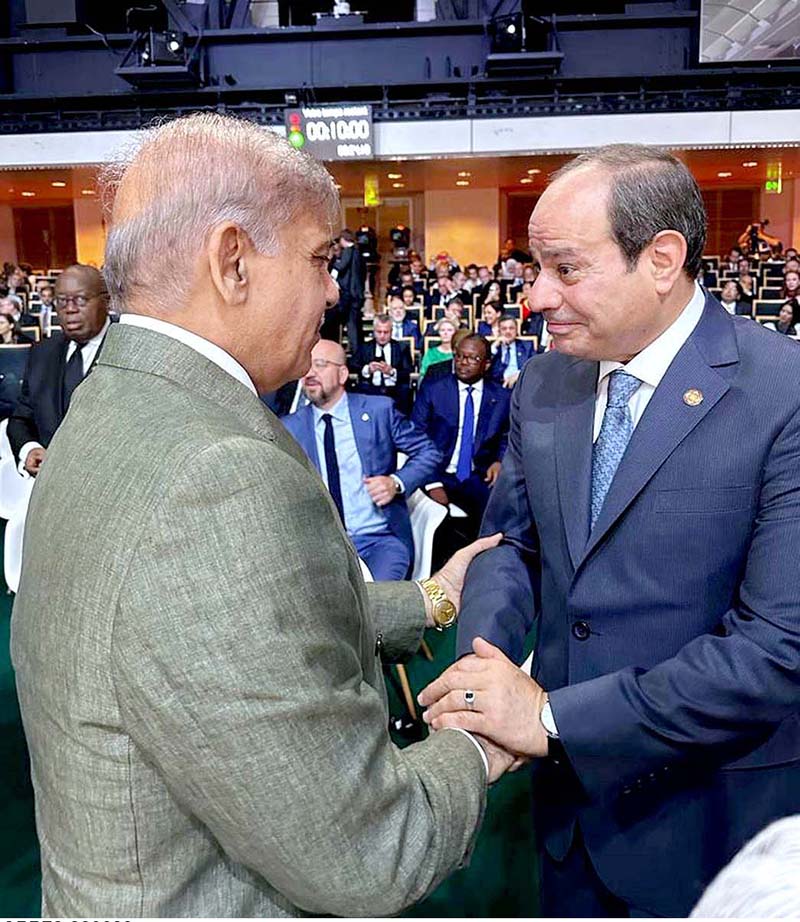 Prime Minister Muhammad Shehbaz Sharif meeting the President of Egypt Abdel Fattah El-Sisi during the New Global Financing Pact Summit in Paris