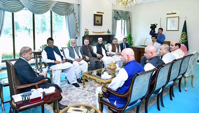 A delegation of former members of parliament and politicians from the merged districts of Khyber Pakhtunkhwa calls on Prime Minister Muhammad Shehbaz Sharif
