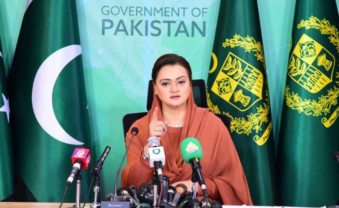 Federal Minister for Information and Broadcasting Marriyam Aurangzeb addressing a press conference