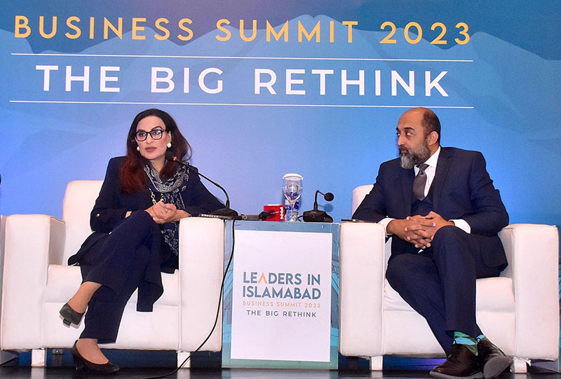 Federal Minister for Climate Change Senator Sherry Rehman addressing the concluding session of the second day of the Leaders in Islamabad Business Summit