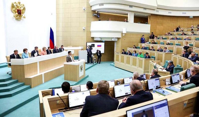 Chairman Senate Muhammad Sadiq Sanjrani addressing the plenary session of Federation Council of the Russian Federation