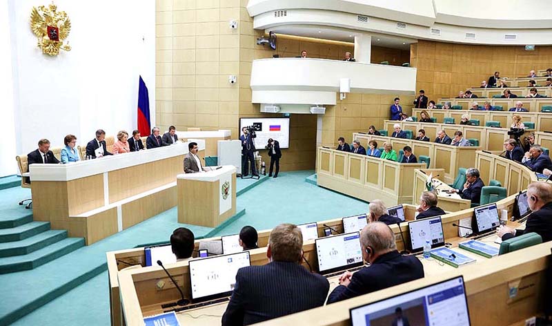 Chairman Senate Muhammad Sadiq Sanjrani addressing the plenary session of Federation Council of the Russian Federation